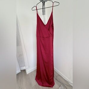 Red Surplice Spaghetti Strap Plunging V-Neckline Satin Formal Long Split Dress